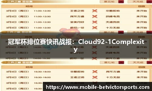 冠军杯排位赛快讯战报：Cloud92-1Complexity